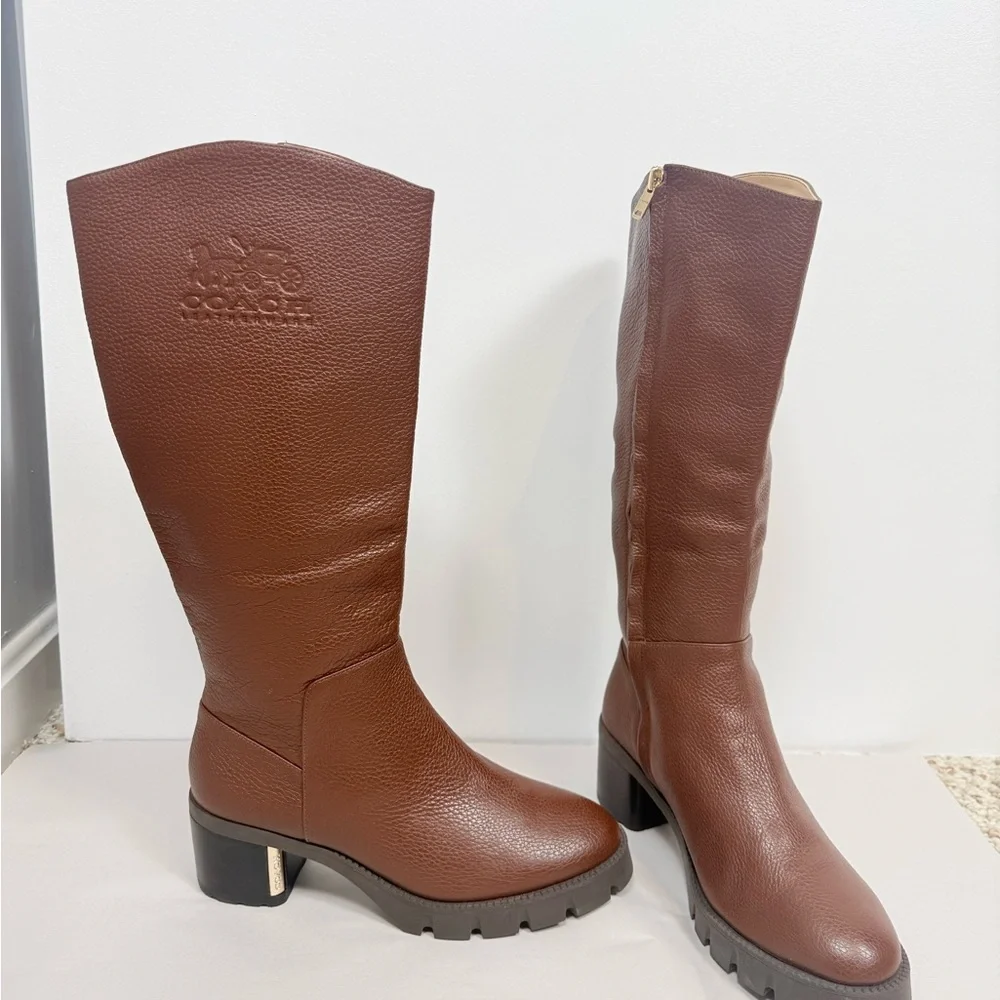 Coach Brown Cindy Pebbled Leather Riding Boot NEW